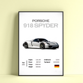 Dripster Porsche 918 Spyder poster showing white sports car with specifications and German flag